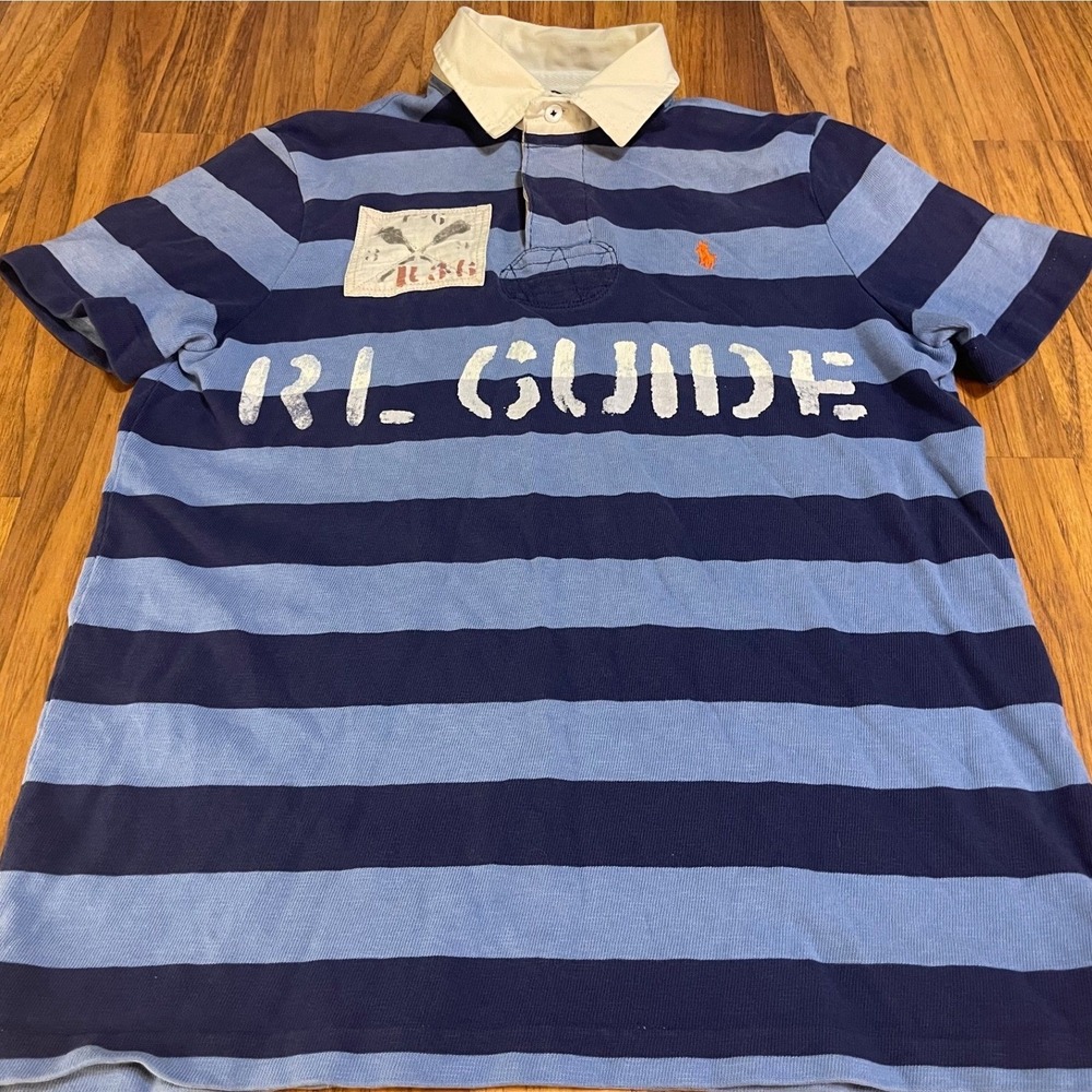 Polo Ralph Lauren Mens M Blue Striped RL Guide Rugby Shirt Short Sleeve Cotton